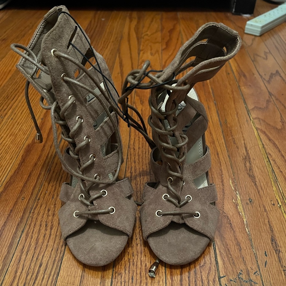 Lace Up Taupe Chunky Heels
